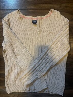 Izod Cable Knit V-Neck Sweater in Light Cream